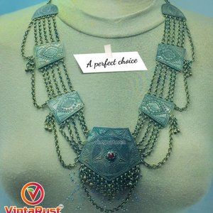 Vintage Silver Kuchi Boho Necklace, Multilayers Chain Bib Necklace